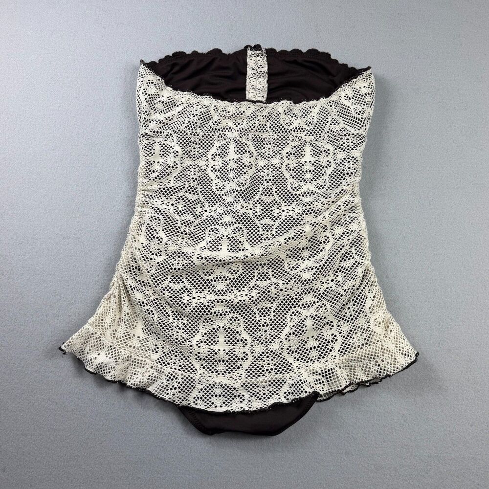 Vintage Y2K Coquette Lace Crochet One Piece Swimsuit Mossimo Women M Brown Cream - Picture 2 of 11